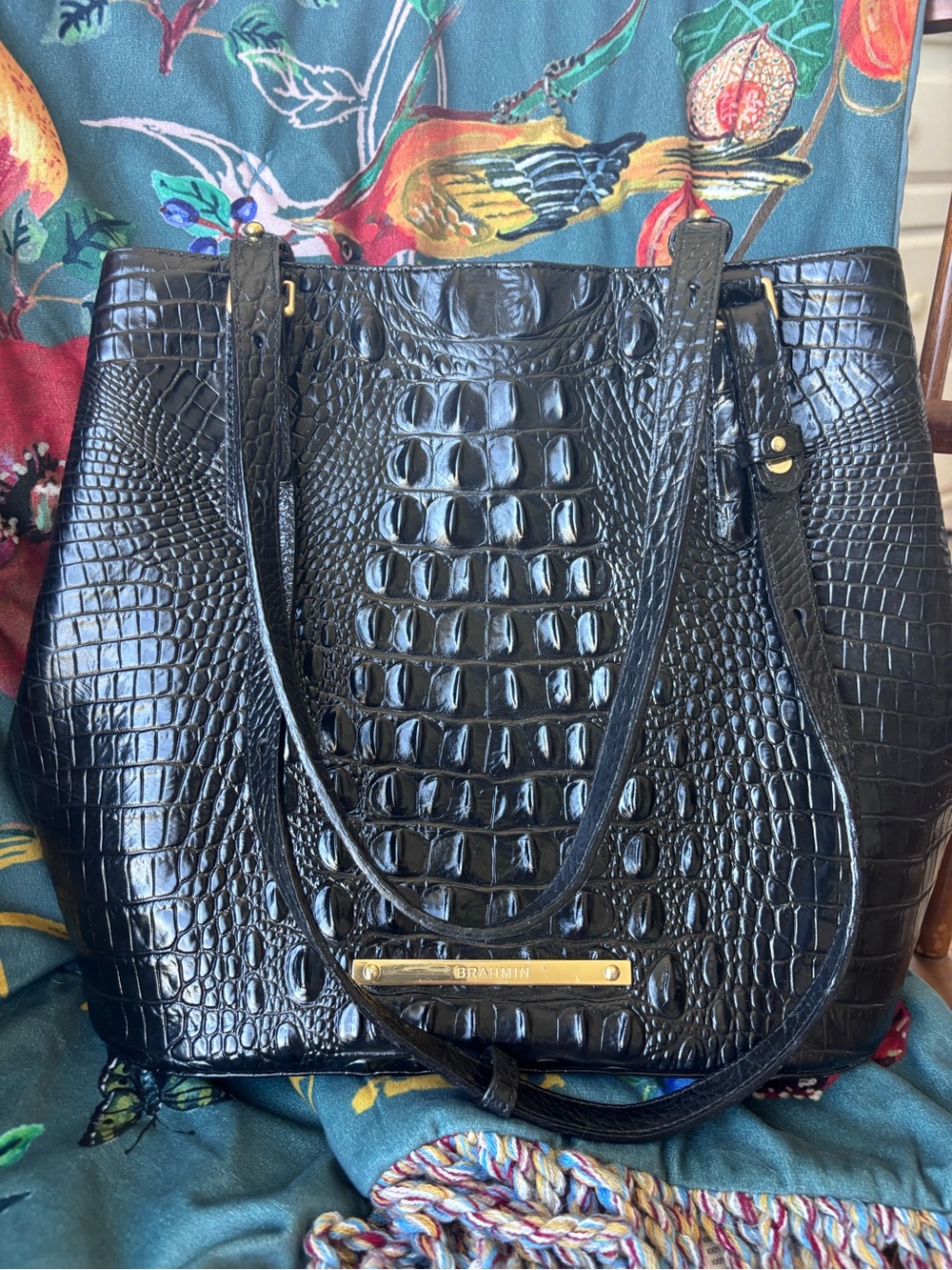Brahmin Black Croc-Embossed Leather Tote with Gold Hardware